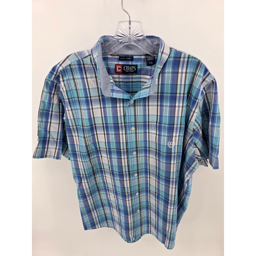 Chaps Mens Blue Teal Plaid Short Sleeve Button Down Shirt Large Easy Care